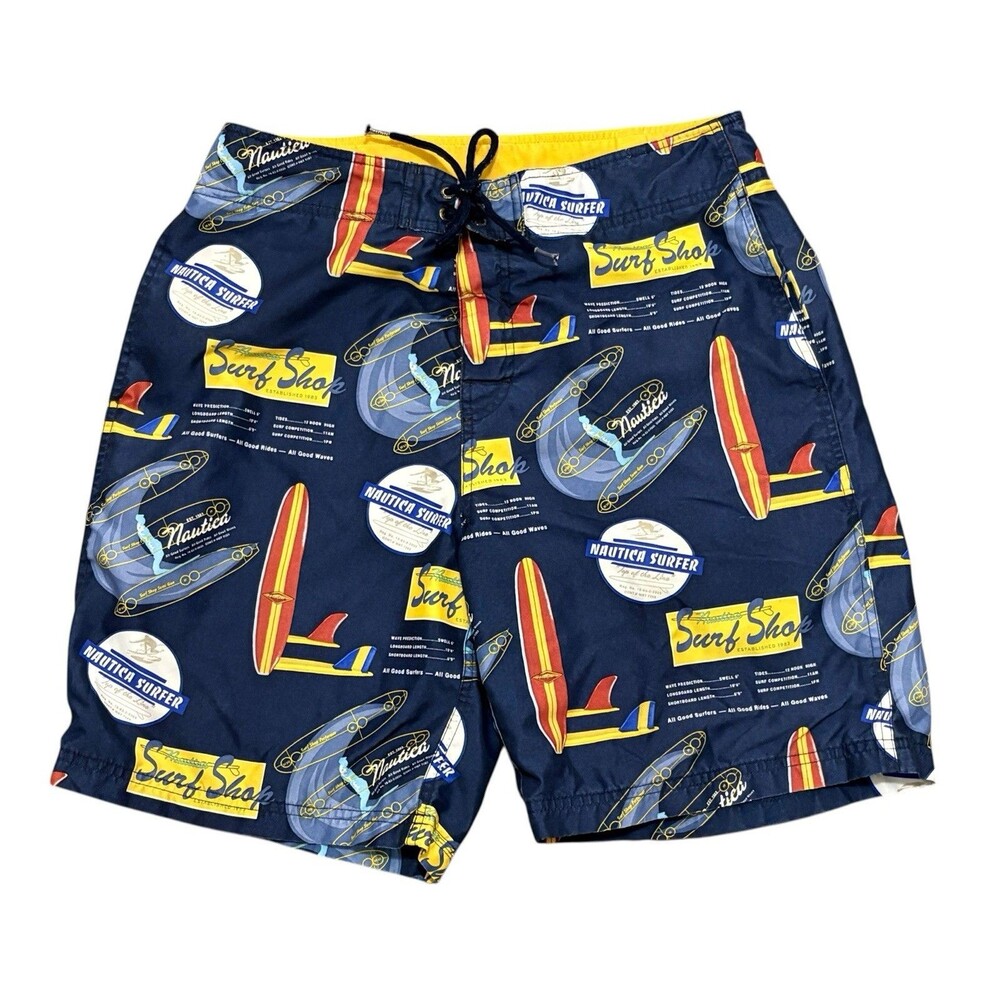 Nautica Swim Trunks Navy Blue Tropical Surf Shop Board Shorts  Mens Size 33 W
